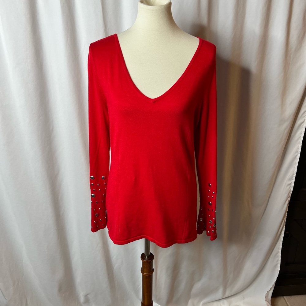 INC International Concepts Red Stud Sleeve V-Neck Sweater | Size Large